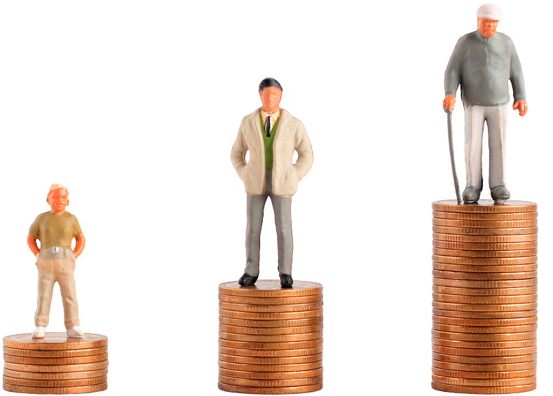 3 stacks of coins with a person on top of each insuating growth of benefits